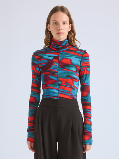 Proenza Schouler Front cropped image of model wearing Harriet Top in Printed Soft Jersey in Poppy Multi