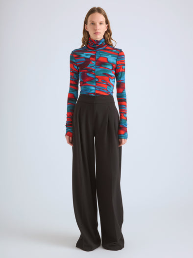 Proenza Schouler Front full length image of model wearing Harriet Top in Printed Soft Jersey in Poppy Multi