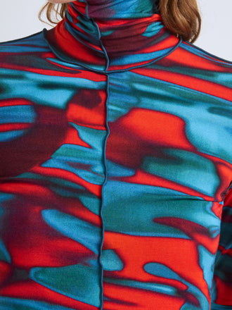 Proenza Schouler Detail image of model wearing Harriet Top in Printed Soft Jersey in Poppy Multi