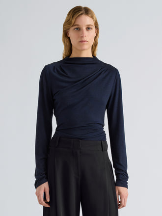 Proenza Schouler Front cropped image of model wearing Mimi Top in Marled Jersey in Navy Black