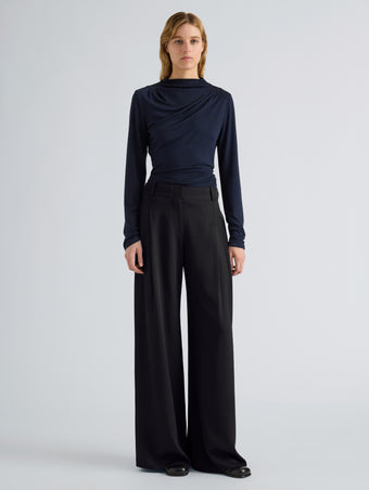 Proenza Schouler Front full length image of model wearing Mimi Top in Marled Jersey in Navy Black