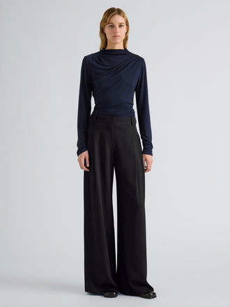 Proenza Schouler Front full length image of model wearing Mimi Top in Marled Jersey in Navy Black