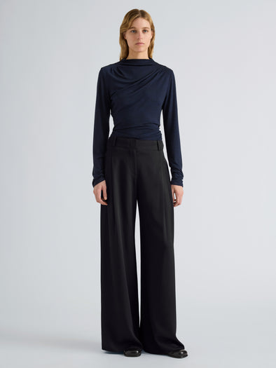 Proenza Schouler Front full length image of model wearing Mimi Top in Marled Jersey in Navy Black