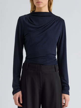 Proenza Schouler Detail image of model wearing Mimi Top in Marled Jersey in Navy Black