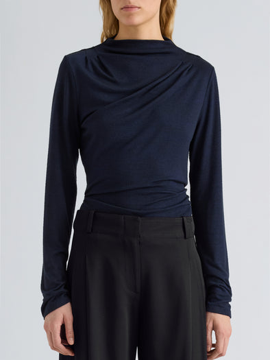 Proenza Schouler Detail image of model wearing Mimi Top in Marled Jersey in Navy Black
