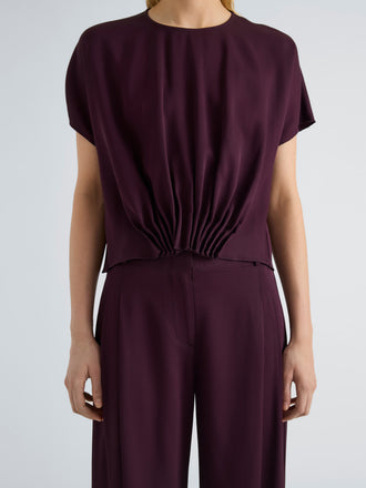 Proenza Schouler Detail image of model wearing Kat Top in Merino Wool in Malbec