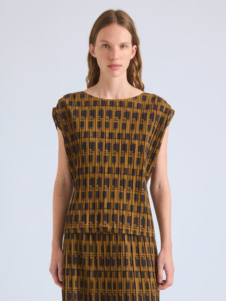 Proenza Schouler Front cropped image of model wearing Aria Top in Printed Soft Twill in Bronze Multi