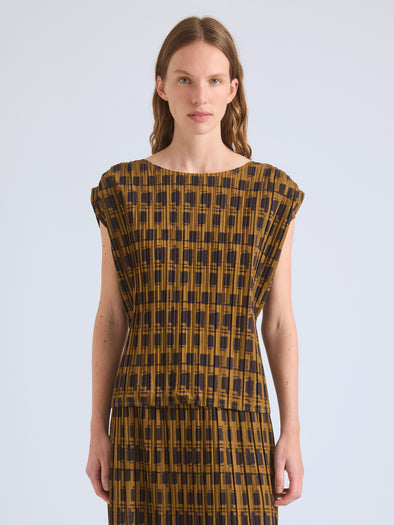 Proenza Schouler Front cropped image of model wearing Aria Top in Printed Soft Twill in Bronze Multi