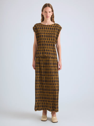 Proenza Schouler Front full length image of model wearing Aria Top in Printed Soft Twill in Bronze Multi