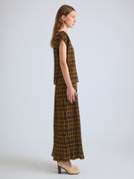Proenza Schouler Side full length image of model wearing Aria Top in Printed Soft Twill in Bronze Multi