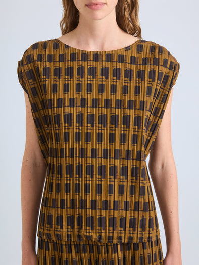 Proenza Schouler Detail image of model wearing Aria Top in Printed Soft Twill in Bronze Multi