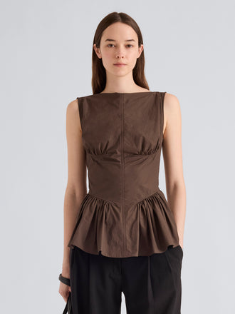Proenza Schouler Front cropped image of model wearing Hazel Top in Tech Cotton in Cocoa