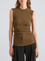 Proenza Schouler Detail image of model wearing Jess Top in Twisted Rib in Fatigue