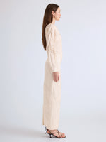 Proenza Schouler Side full length image of model wearing Mila Skirt in Plisse Flou in Gardenia