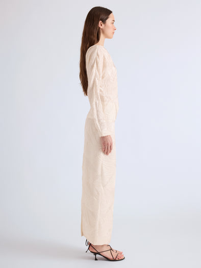 Proenza Schouler Side full length image of model wearing Mila Skirt in Plisse Flou in Gardenia