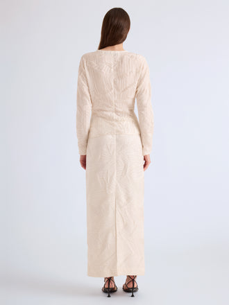 Proenza Schouler Back full length image of model wearing Mila Skirt in Plisse Flou in Gardenia