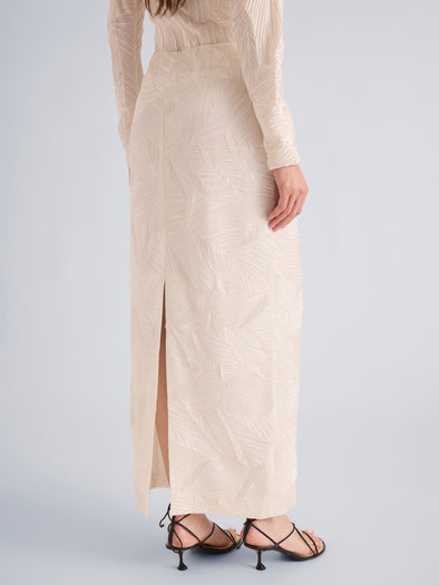 Proenza Schouler Detail image of model wearing Mila Skirt in Plisse Flou in Gardenia