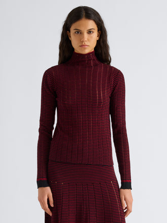 Proenza Schouler Front cropped image of model wearing Stina Turtleneck in Ladder Stripe in Black Wine