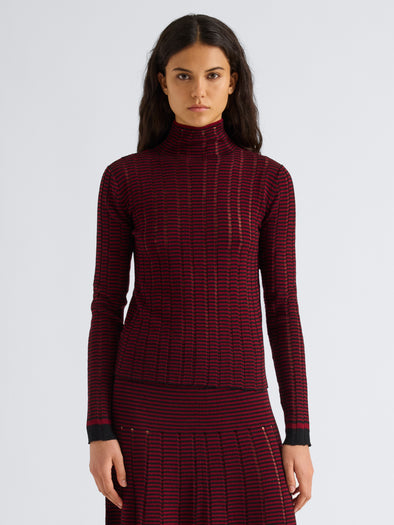 Proenza Schouler Front cropped image of model wearing Stina Turtleneck in Ladder Stripe in Black Wine