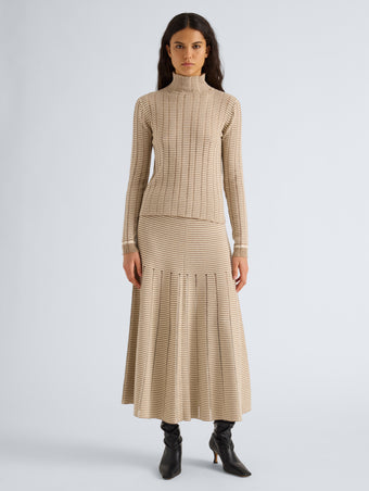 Proenza Schouler Front full length image of model wearing Phyllis Skirt in Ladder Stripe in Bronze Cream
