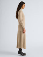 Proenza Schouler Side full length image of model wearing Phyllis Skirt in Ladder Stripe in Bronze Cream