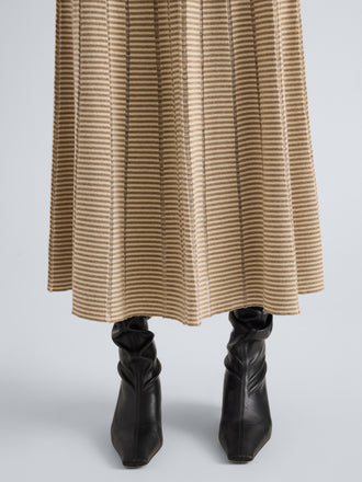 Proenza Schouler Detail image of model wearing Phyllis Skirt in Ladder Stripe in Bronze Cream