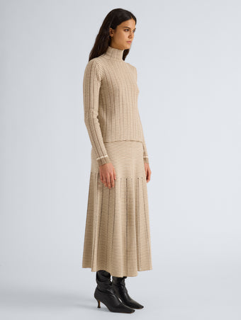 Proenza Schouler Side full length image of model wearing Phyllis Skirt in Ladder Stripe in Bronze Cream