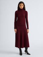 Proenza Schouler Front full length image of model wearing Phyllis Skirt in Ladder Stripe in Black Wine
