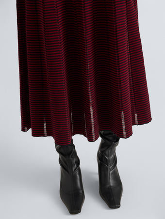 Proenza Schouler Detail image of model wearing Phyllis Skirt in Ladder Stripe in Black Wine