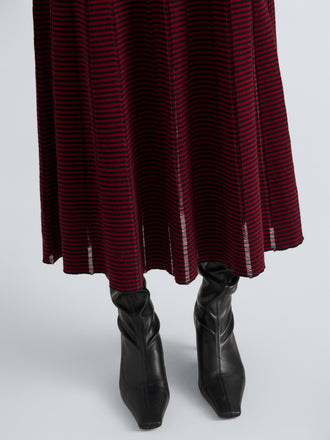 Proenza Schouler Detail image of model wearing Phyllis Skirt in Ladder Stripe in Black Wine