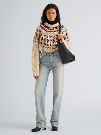 Proenza Schouler Front full length image of model wearing Lizzy Sweater in Fairisle in Oat Multi