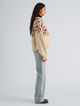 Proenza Schouler Side full length image of model wearing Lizzy Sweater in Fairisle in Oat Multi