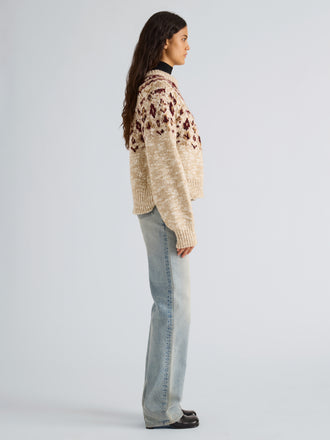 Proenza Schouler Side full length image of model wearing Lizzy Sweater in Fairisle in Oat Multi