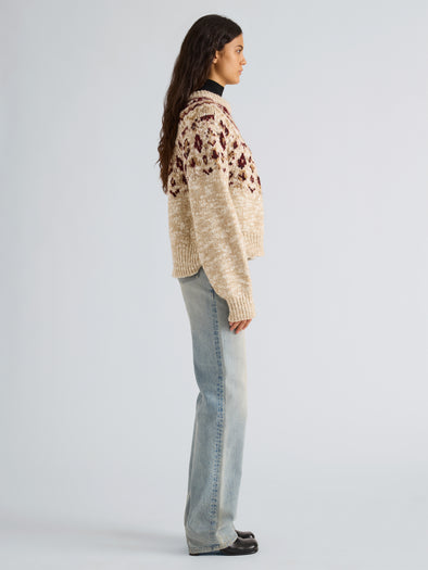 Proenza Schouler Side full length image of model wearing Lizzy Sweater in Fairisle in Oat Multi