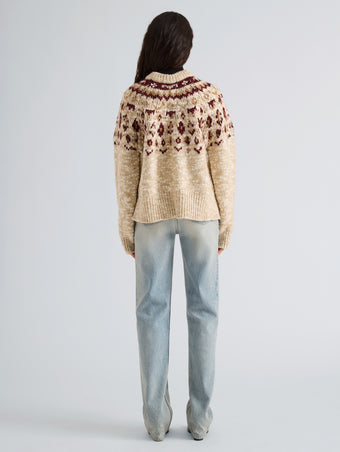Proenza Schouler Back full length image of model wearing Lizzy Sweater in Fairisle in Oat Multi