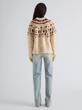 Proenza Schouler Back full length image of model wearing Lizzy Sweater in Fairisle in Oat Multi