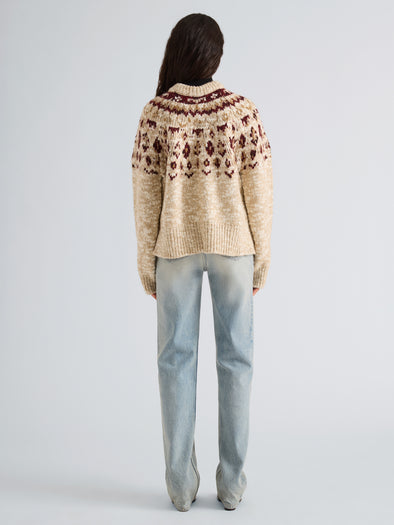 Proenza Schouler Back full length image of model wearing Lizzy Sweater in Fairisle in Oat Multi