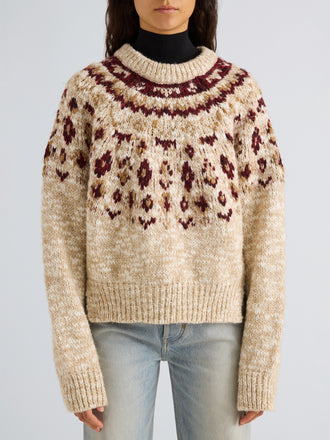Proenza Schouler Detail image of model wearing Lizzy Sweater in Fairisle in Oat Multi