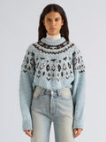 Proenza Schouler Front cropped image of model wearing Lizzy Sweater in Fairisle in Pale Blue Multi