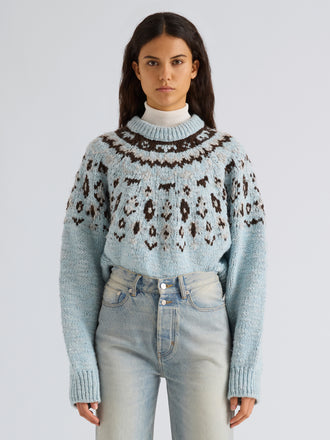 Proenza Schouler Front cropped image of model wearing Lizzy Sweater in Fairisle in Pale Blue Multi