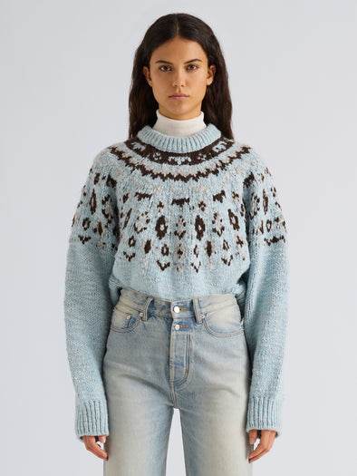Proenza Schouler Front cropped image of model wearing Lizzy Sweater in Fairisle in Pale Blue Multi