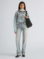 Proenza Schouler Front full length image of model wearing Lizzy Sweater in Fairisle in Pale Blue Multi