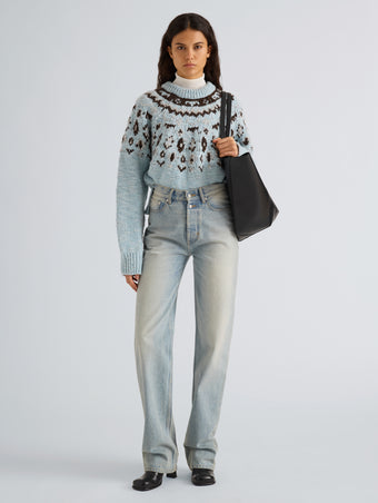 Proenza Schouler Front full length image of model wearing Lizzy Sweater in Fairisle in Pale Blue Multi