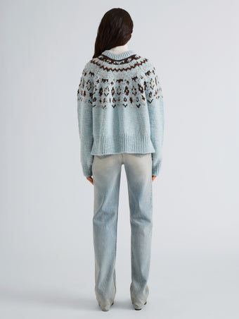 Proenza Schouler Back full length image of model wearing Lizzy Sweater in Fairisle in Pale Blue Multi