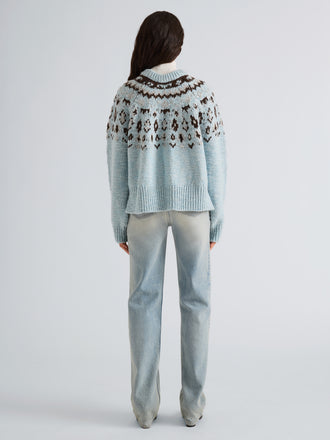 Proenza Schouler Back full length image of model wearing Lizzy Sweater in Fairisle in Pale Blue Multi