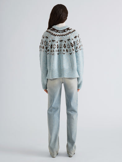 Proenza Schouler Back full length image of model wearing Lizzy Sweater in Fairisle in Pale Blue Multi