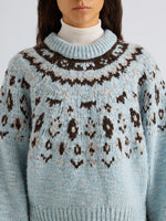 Proenza Schouler Detail image of model wearing Lizzy Sweater in Fairisle in Pale Blue Multi
