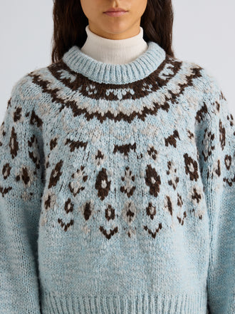 Proenza Schouler Detail image of model wearing Lizzy Sweater in Fairisle in Pale Blue Multi