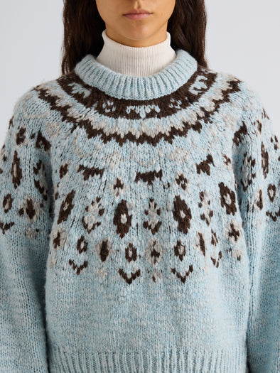 Proenza Schouler Detail image of model wearing Lizzy Sweater in Fairisle in Pale Blue Multi