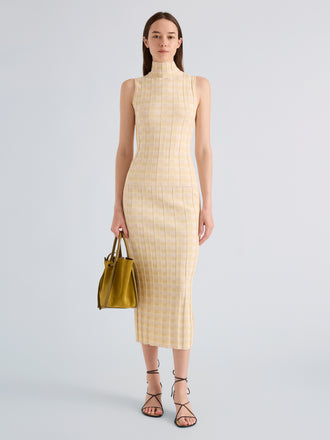 Proenza Schouler Front full length image of model wearing Lucy Top in Check Knit in Lemon Multi